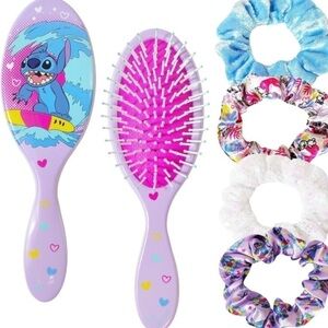 Disney Stitch Wet Brush & 4 Matching. Scrunchy Hair Ties 5 Piece Bundle